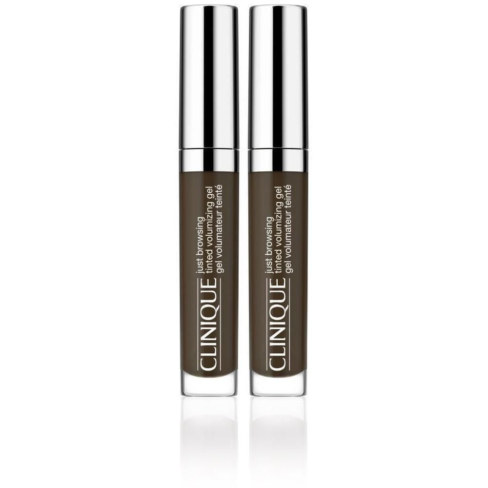 Twee tubes wenkbrauwgel. Zilveren doppen, transparante containers, bruine gel. Tekst: Just Browsing, Tinted Volumizing Gel, Clinique.