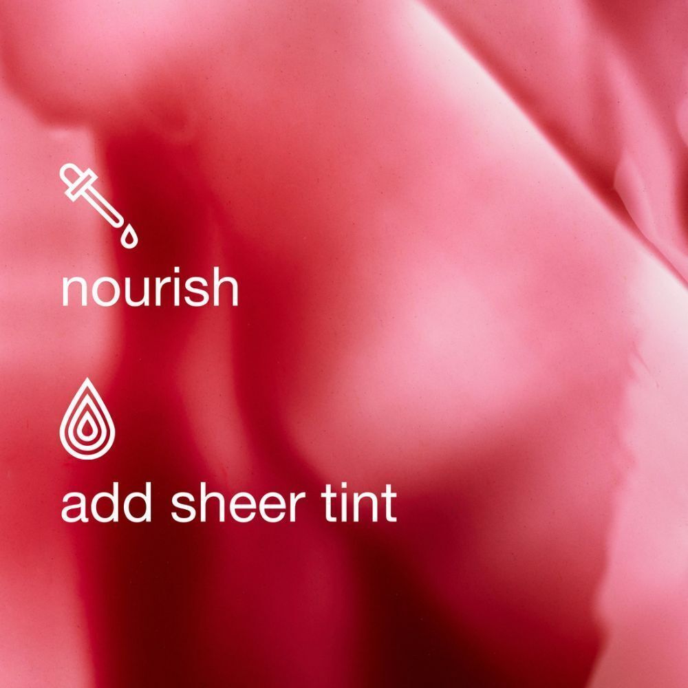 Close-up van een roze bloem met tekst: 'nourish' en 'add sheer tint'.