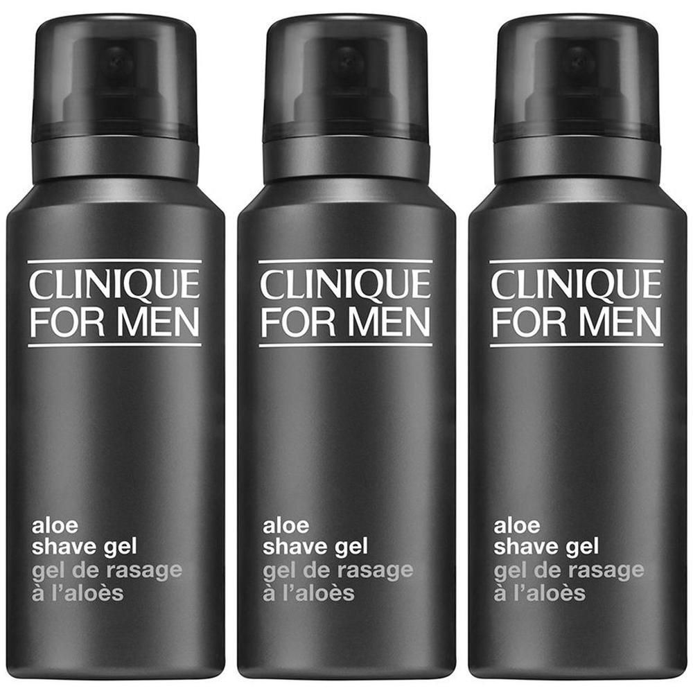 Drie zwarte flessen met verstuiver. Op elke fles staat "CLINIQUE FOR MEN" en "aloe shave gel".