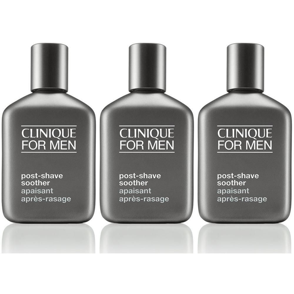 Drie flacons Clinique For Men Apaisant Après-Rasage. Grijze flessen met zwarte doppen. Tekst: Clinique For Men, post-shave soother, apaisant, après-rasage.