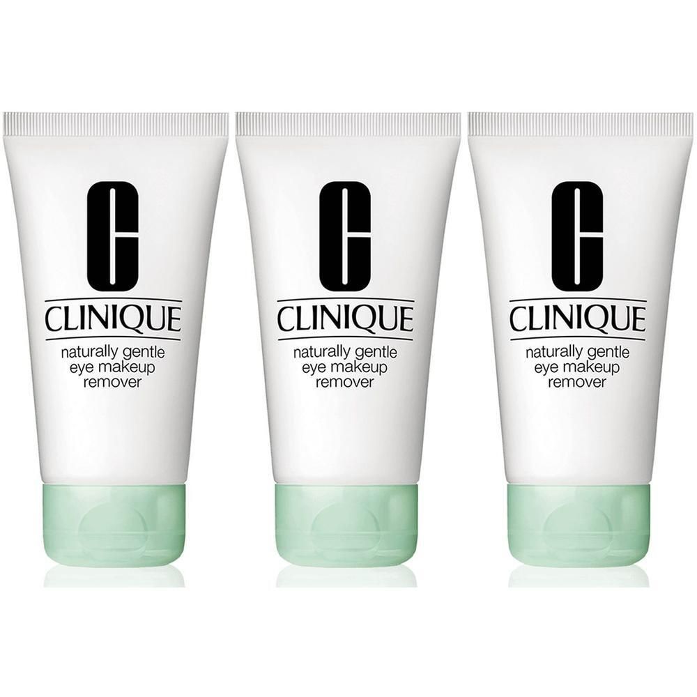 Trois tubes de démaquillant pour les yeux Clinique. Tubes blancs avec base verte. Logo noir et texte: Clinique, démaquillant pour les yeux naturellement doux.