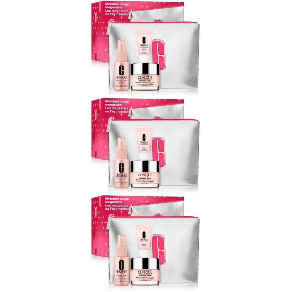 Meerdere Clinique Moisture Surge Megastars geschenksets. Elke set bevat een toilettas, crèmes en sprays. Roze en zilveren verpakking.