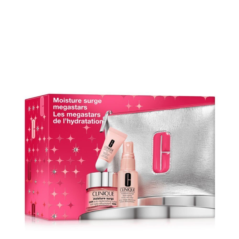 Coffret cadeau Clinique Moisture Surge Megastars. Contient une trousse de toilette, des crèmes et des sprays. Emballage rose et argent avec nom du produit.