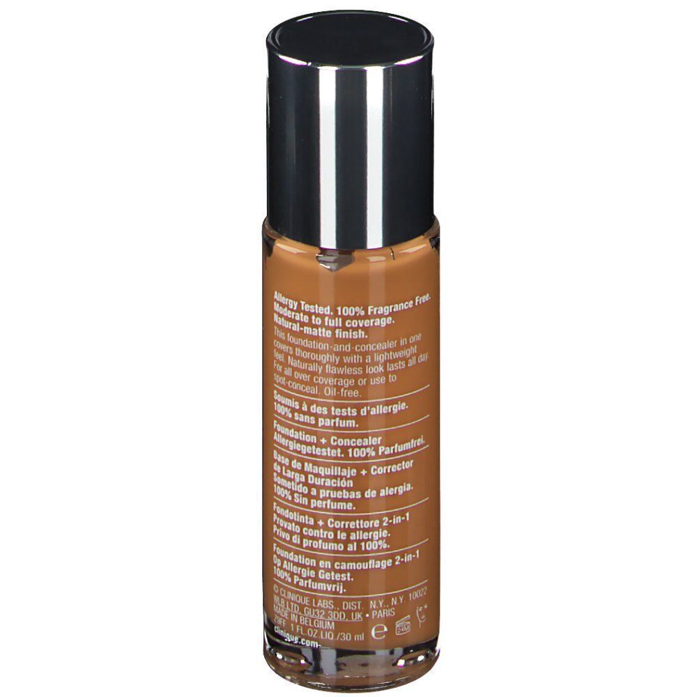 Achterkant van een flacon Clinique Beyond Perfecting Foundation + Concealer, met gedetailleerde productinformatie.