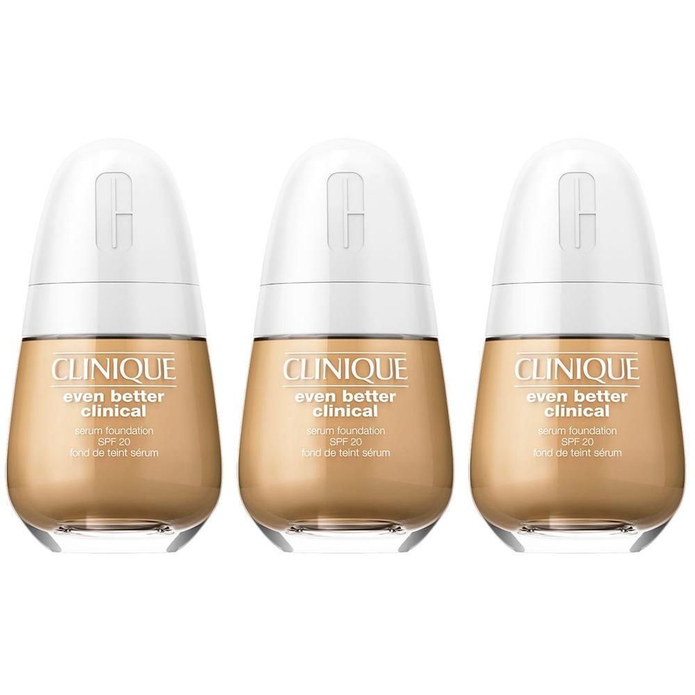 Trois flacons de Clinique Even Better Clinical Fond de Teint Sérum SPF20. Liquide beige-brun, bouchon blanc, texte visible.