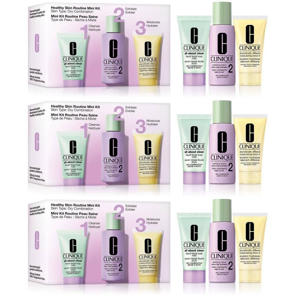 Mini-kit voor de droge tot gemengde huid. Bevat drie producten: reiniger, lotion, moisturizer. Verpakt in een doos.