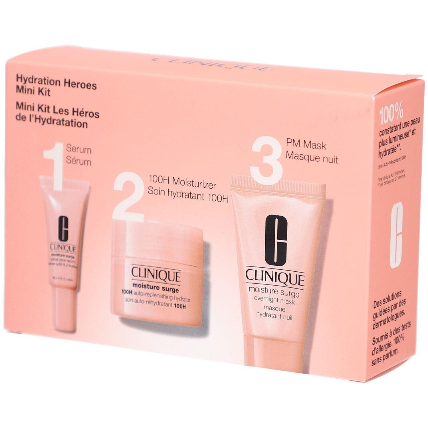 CLINIQUE Hydration Heroes Mini Kit met drie huidverzorgingsproducten in roze verpakking.