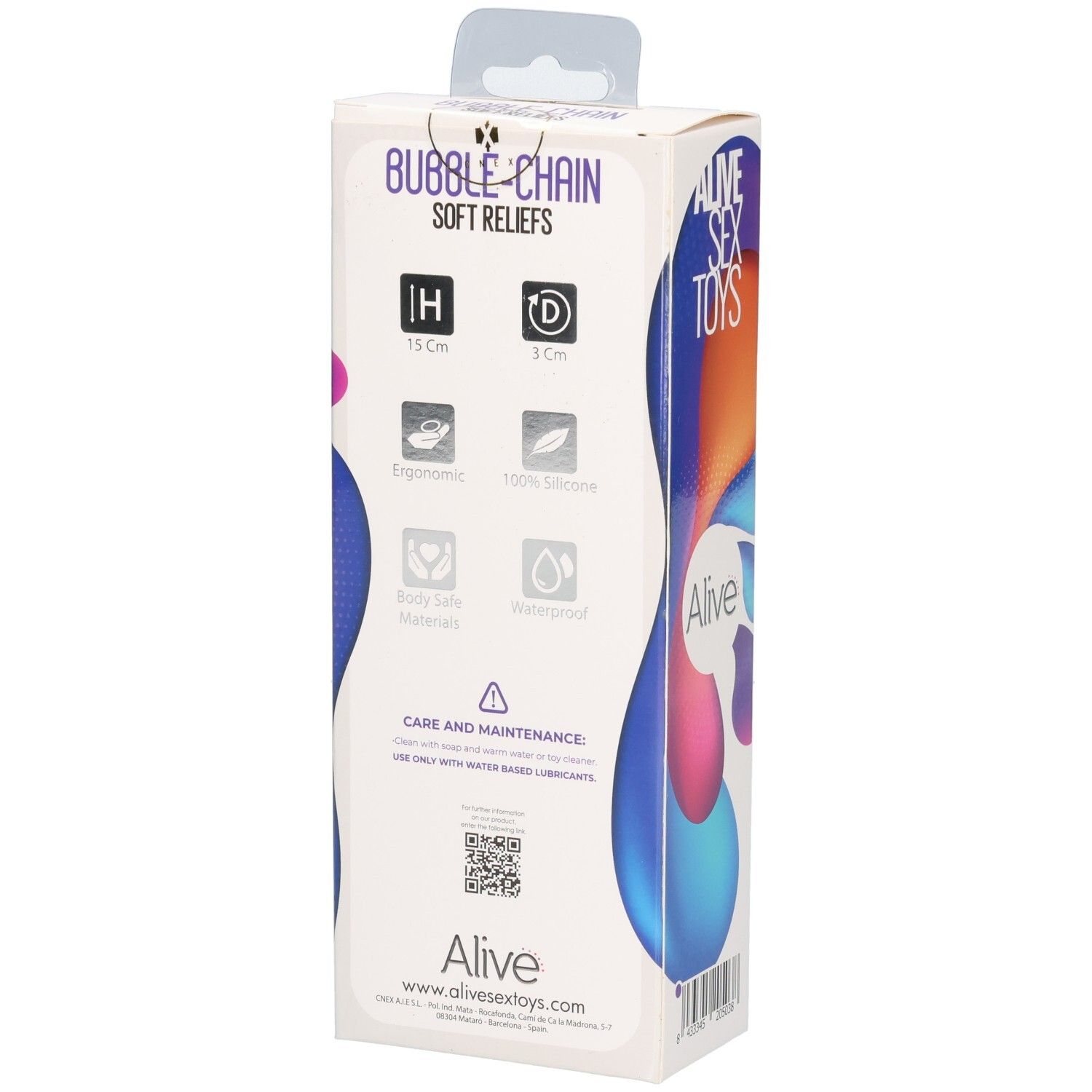Achterkant verpakking: siliconen ketting, 15 cm, ergonomisch, waterdicht.