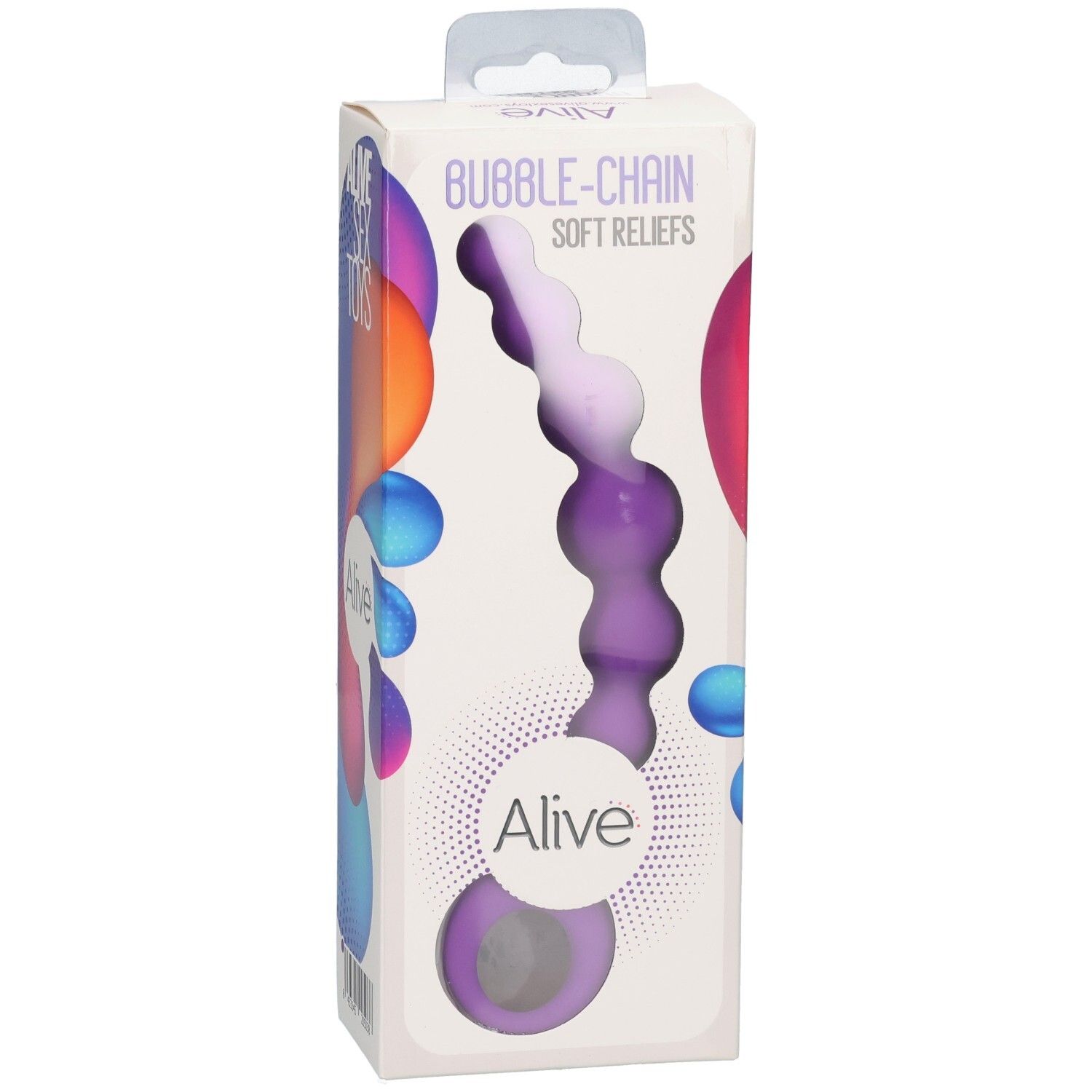 Verpakking van een paarse siliconen parelketting. Merk: Alive.