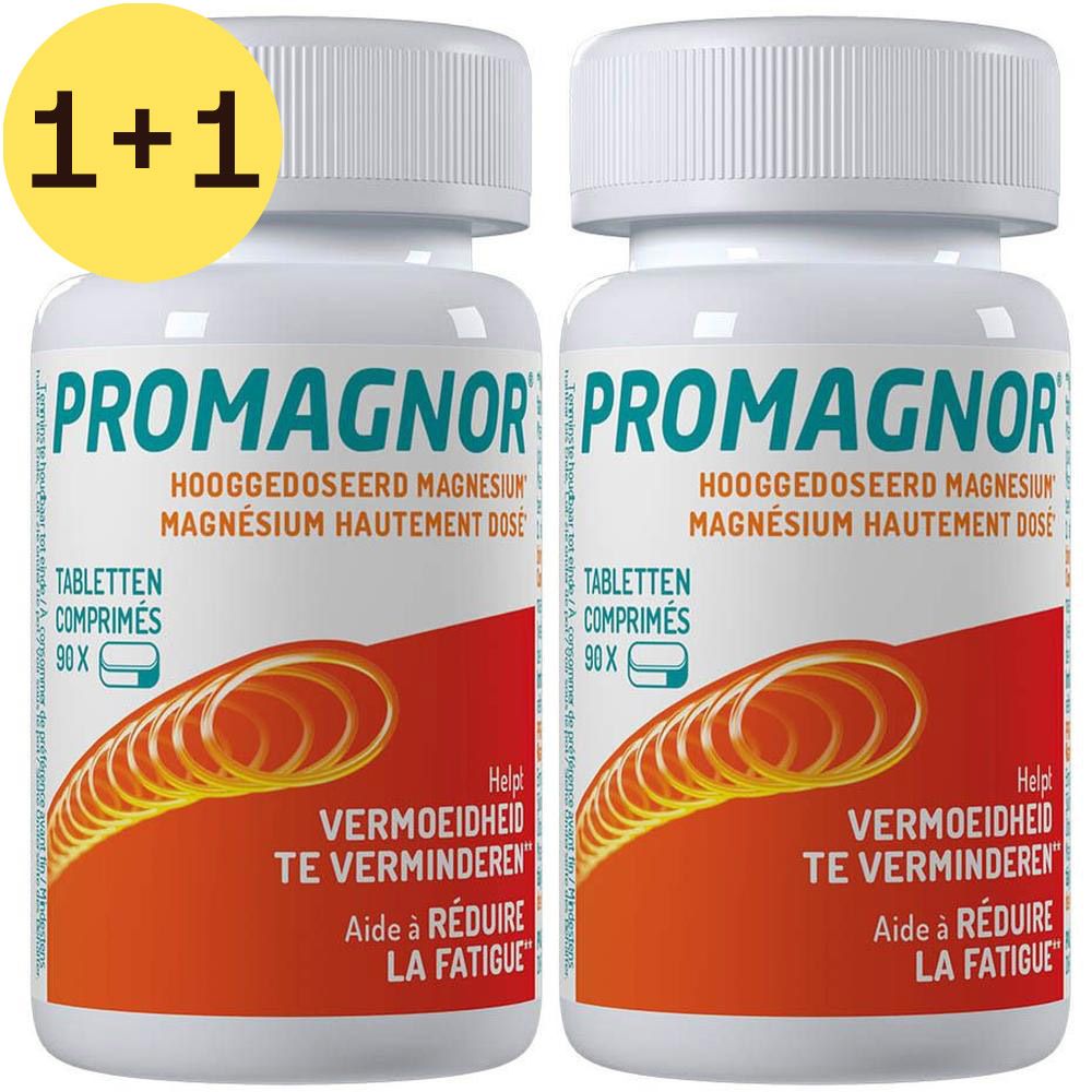 Twee flessen Promagnor. Opschrift: Hooggedoseerd Magnesium, Magnésium Hautement Dosé. Sticker: 1+1 GRATIS.
