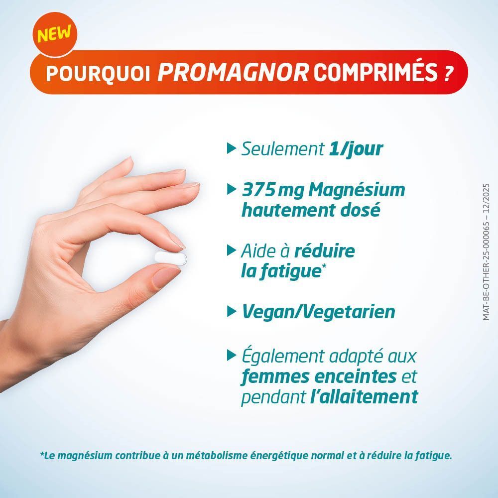 Main tenant un comprimé. Texte: Pourquoi Promagnor comprimés? 375 mg Magnésium hautement dosé. Vegan/Végétarien. Adapté aux femmes enceintes.
