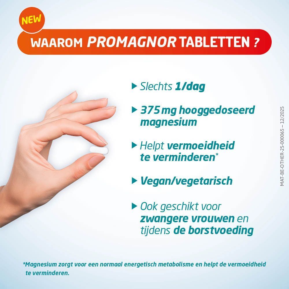Hand houdt tablet vast. Tekst: Waarom Promagnor tabletten? 375 mg hooggedoseerd magnesium. Vegan/vegetarisch. Geschikt voor zwangere vrouwen.