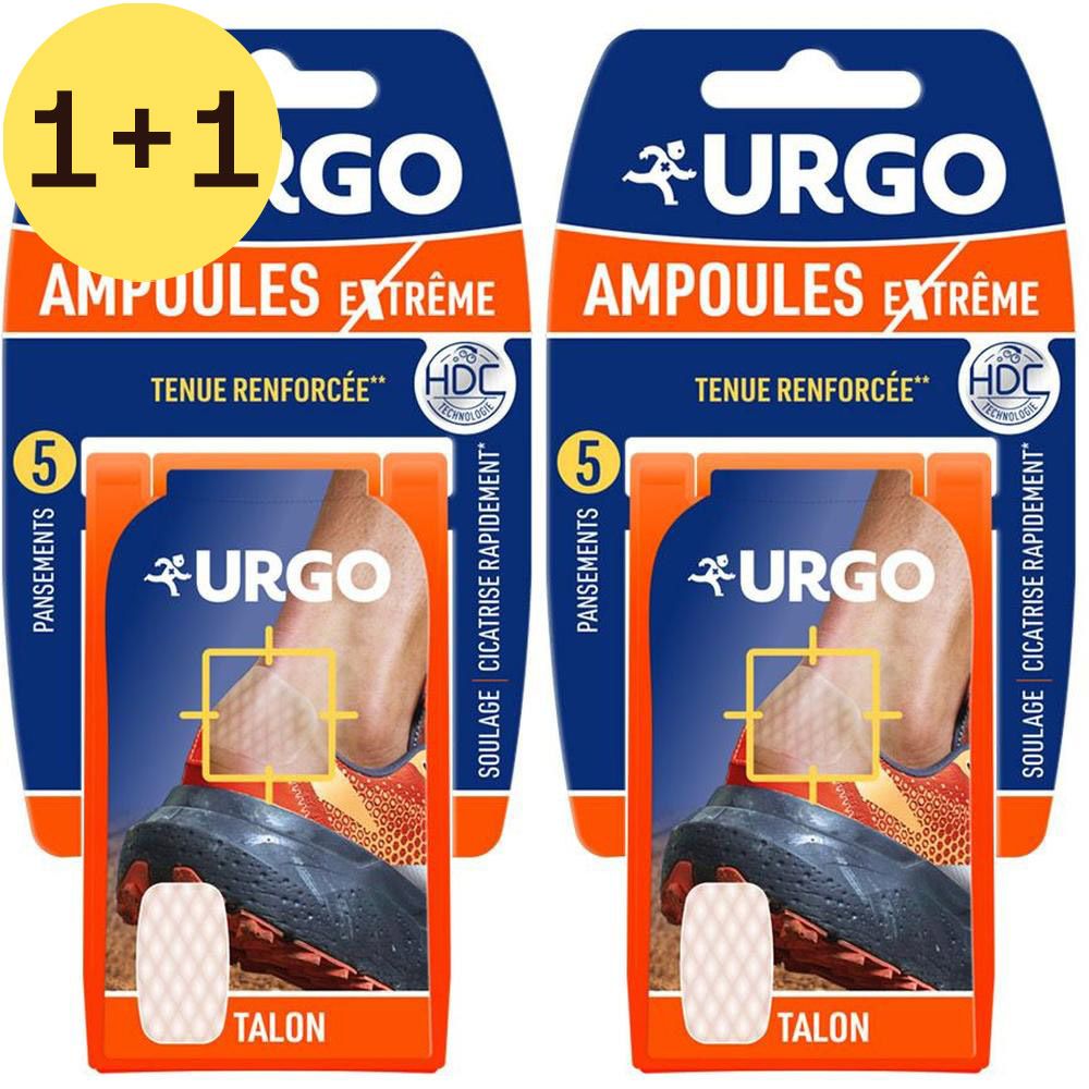 Deux paquets de URGO Ampoules Extrême. Chaque paquet contient 5 pansements. Inscription : 1+1 GRATUIT.  Marque URGO visible.