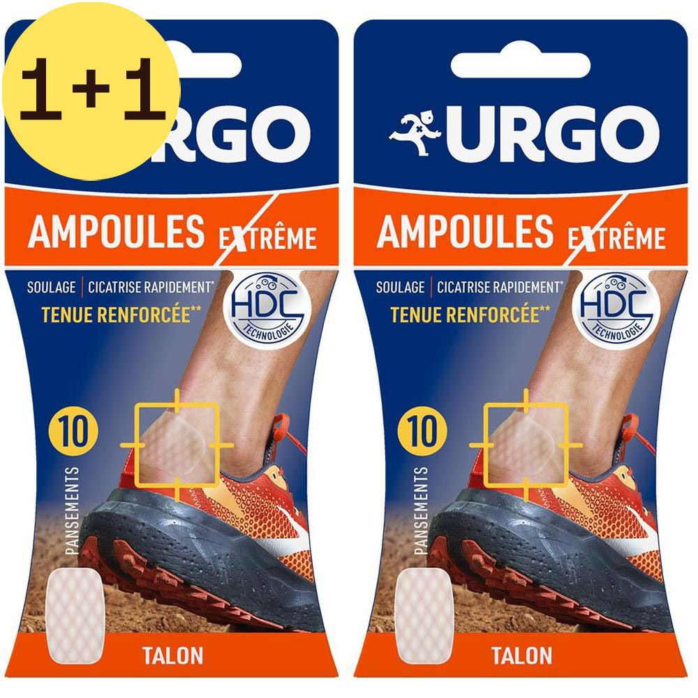 Twee verpakkingen URGO Ampoules Extrême. Opschrift 1+1 GRATUIT. Blauwe verpakking met voet afbeelding en pleister.