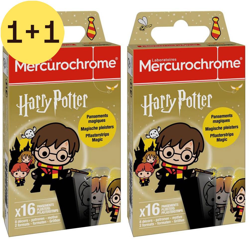 Twee dozen Mercurochrome Harry Potter pleisters. Opschrift "1+1 GRATIS". Elke doos bevat 16 pleisters.