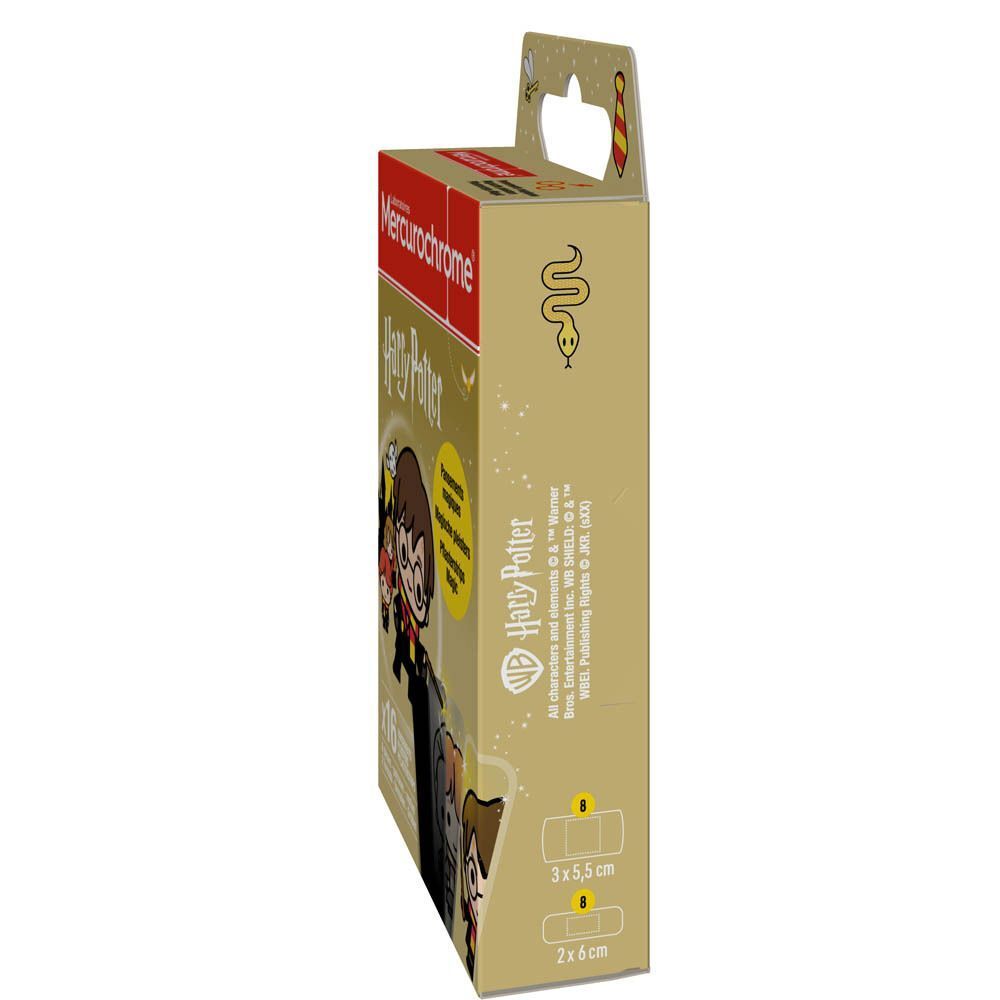 Zijaanzicht van een Mercurochrome Harry Potter pleisterdoos. Afbeeldingen van Harry Potter-personages en informatie.