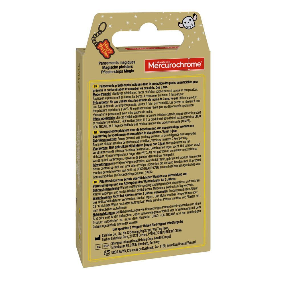 Achterkant van de Mercurochrome Harry Potter pleisterdoos. Meertalige tekstinformatie.