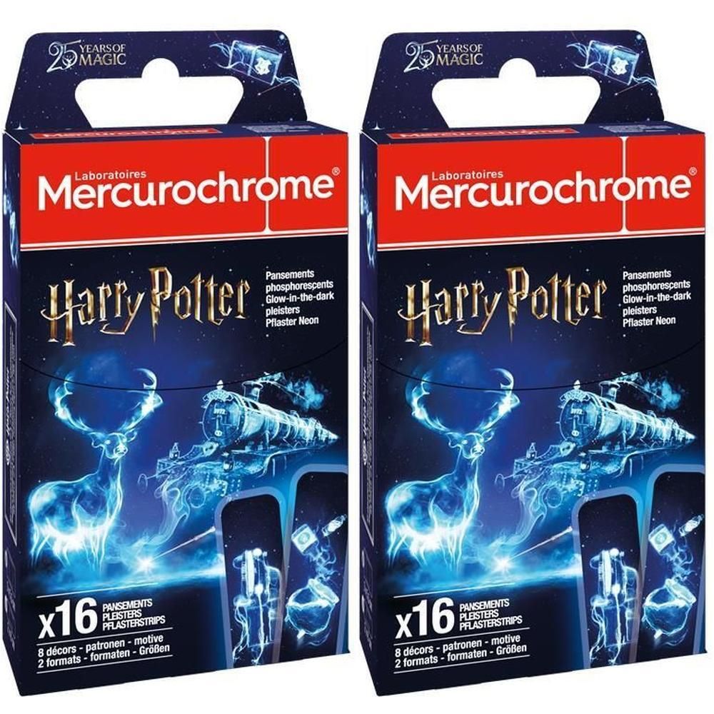 Twee dozen pleisters. Opschrift: Mercurochrome, Harry Potter, 1+1 gratis. 16 pleisters, 2 formaten.