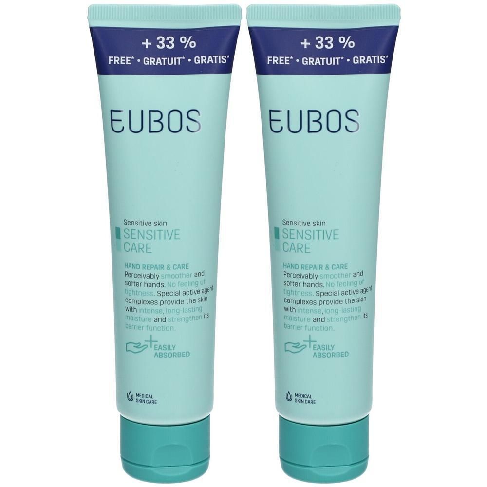 Deux tubes de crème EUBOS Hand Repair & Care pour peaux sensibles.