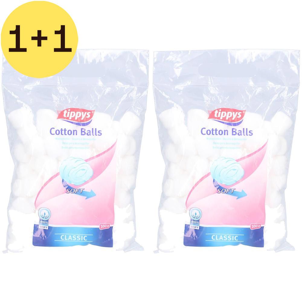 Twee zakken wattenbolletjes. Opschrift: Tippys Cotton Balls. Op gele cirkel: 1+1.