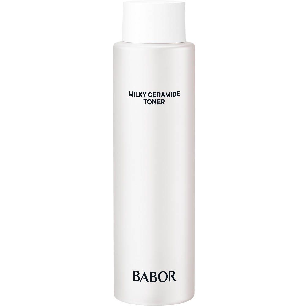 Babor Milky Ceramide Toner in witte fles met zwarte belettering.