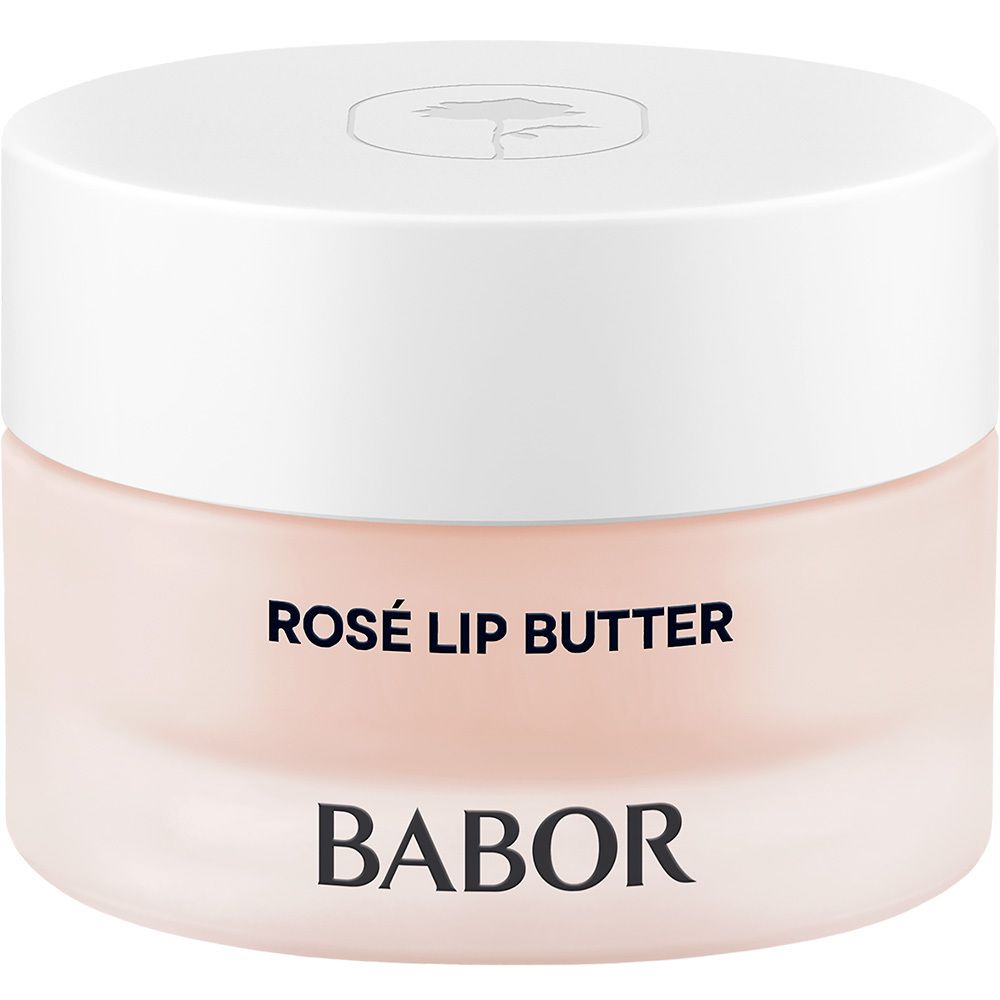 Babor Rosé Lip Butter: Roze pot met witte deksel. Opschriften: BABOR, ROSÉ LIP BUTTER.