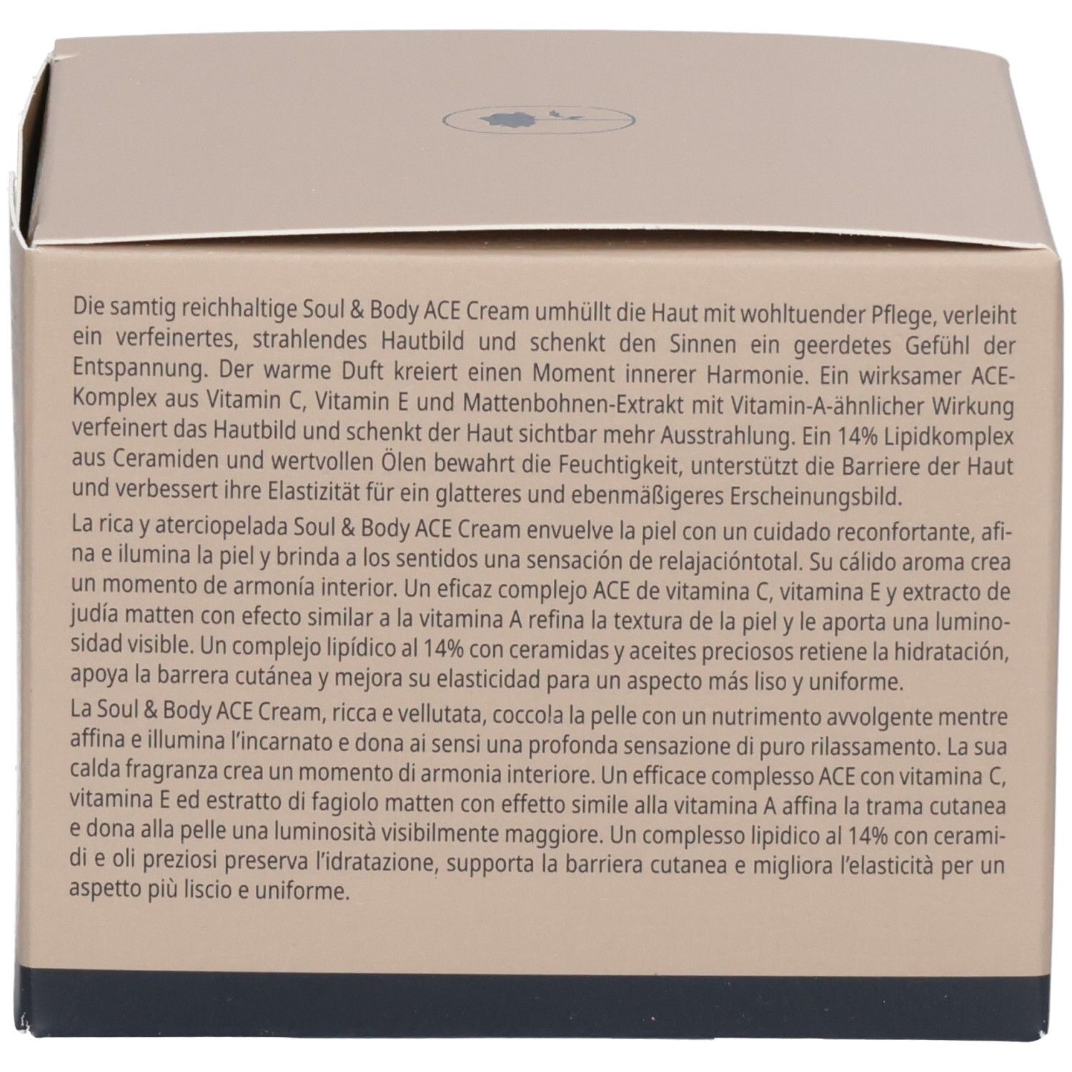 Achterkant van de Babor Soul & Body ACE Cream verpakking met productbeschrijving in het Duits en Italiaans.