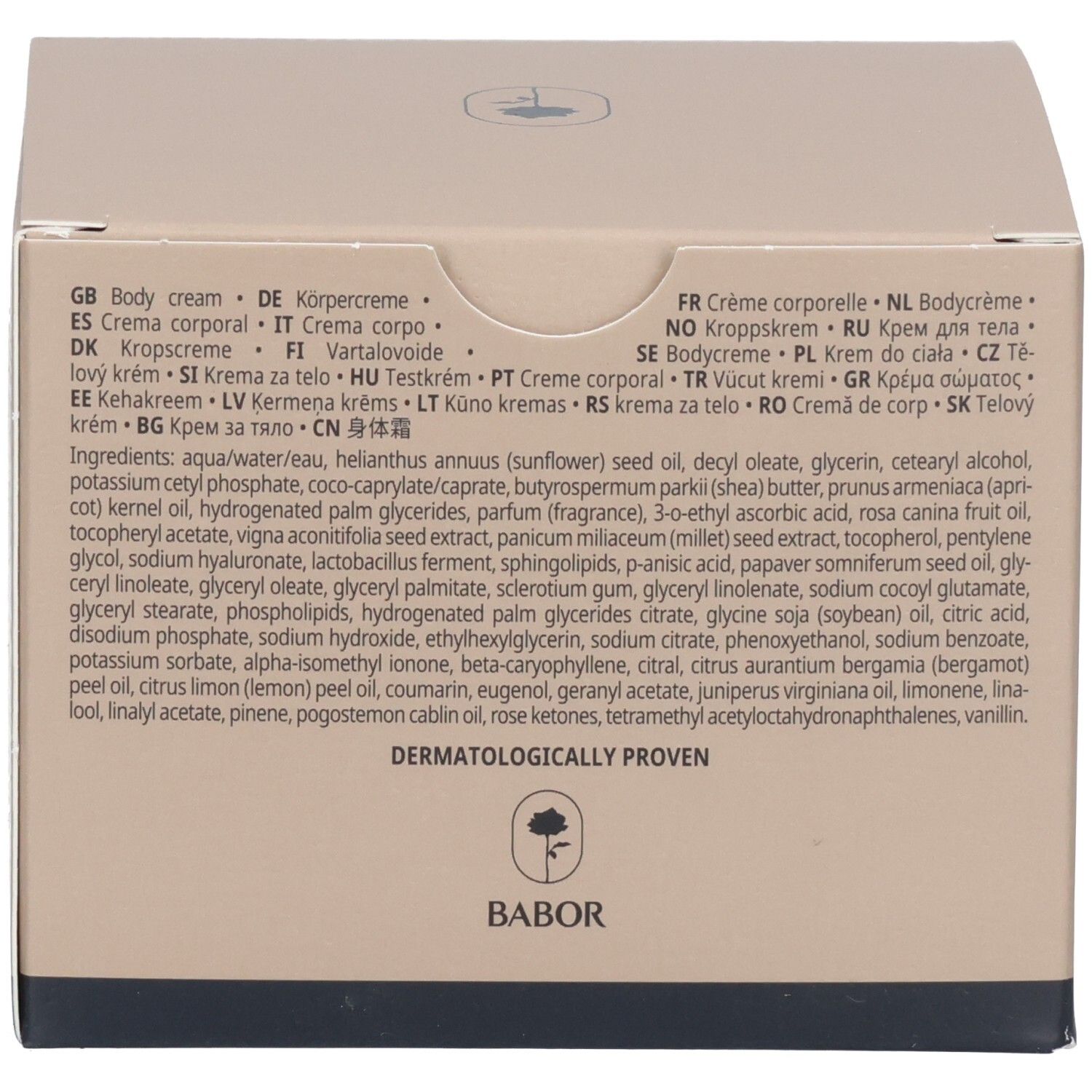 Babor Soul & Body ACE Cream verpakking met ingrediëntenlijst en certificeringen.