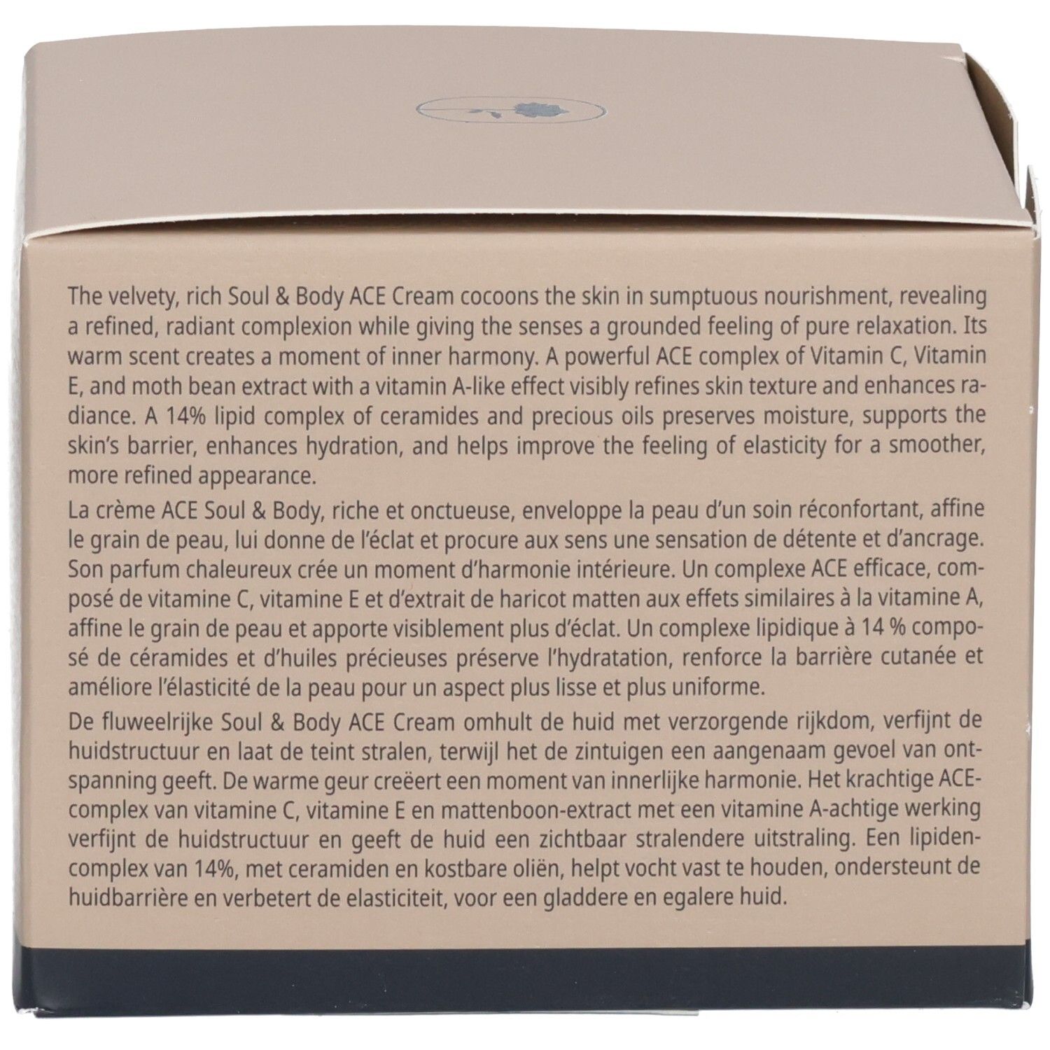 Babor Soul & Body ACE Cream verpakking met productbeschrijving in het Engels, Frans en Nederlands.