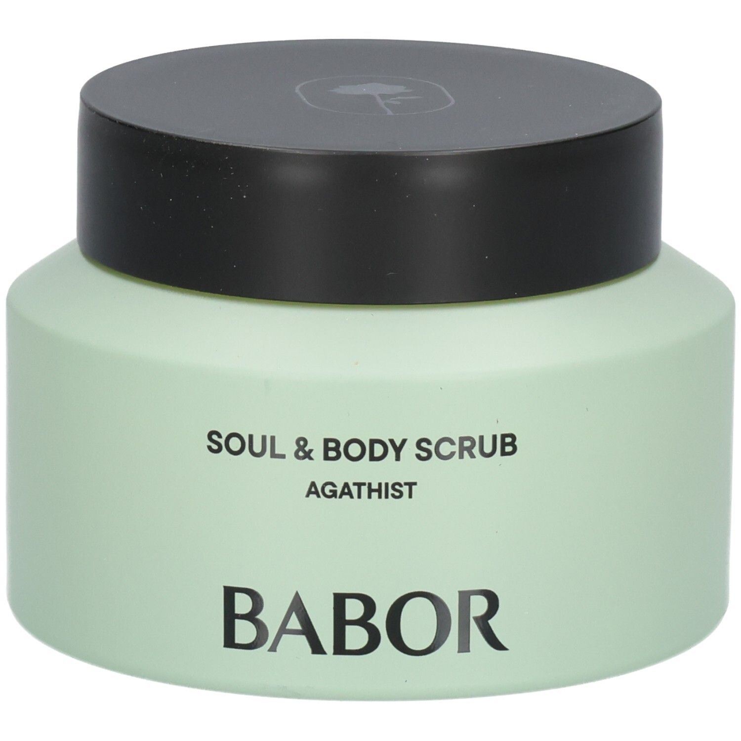 BABOR Soul & Body Scrub Agathist in licht muntgroene pot met zwart deksel.