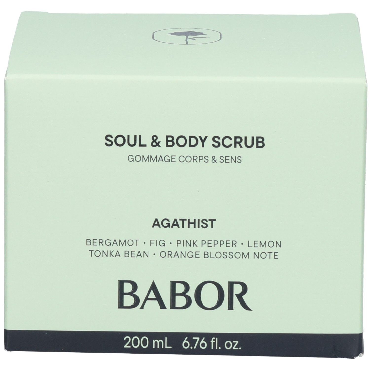 BABOR Soul & Body Scrub Agathist kartonnen doos met geurnoten en merknaam.