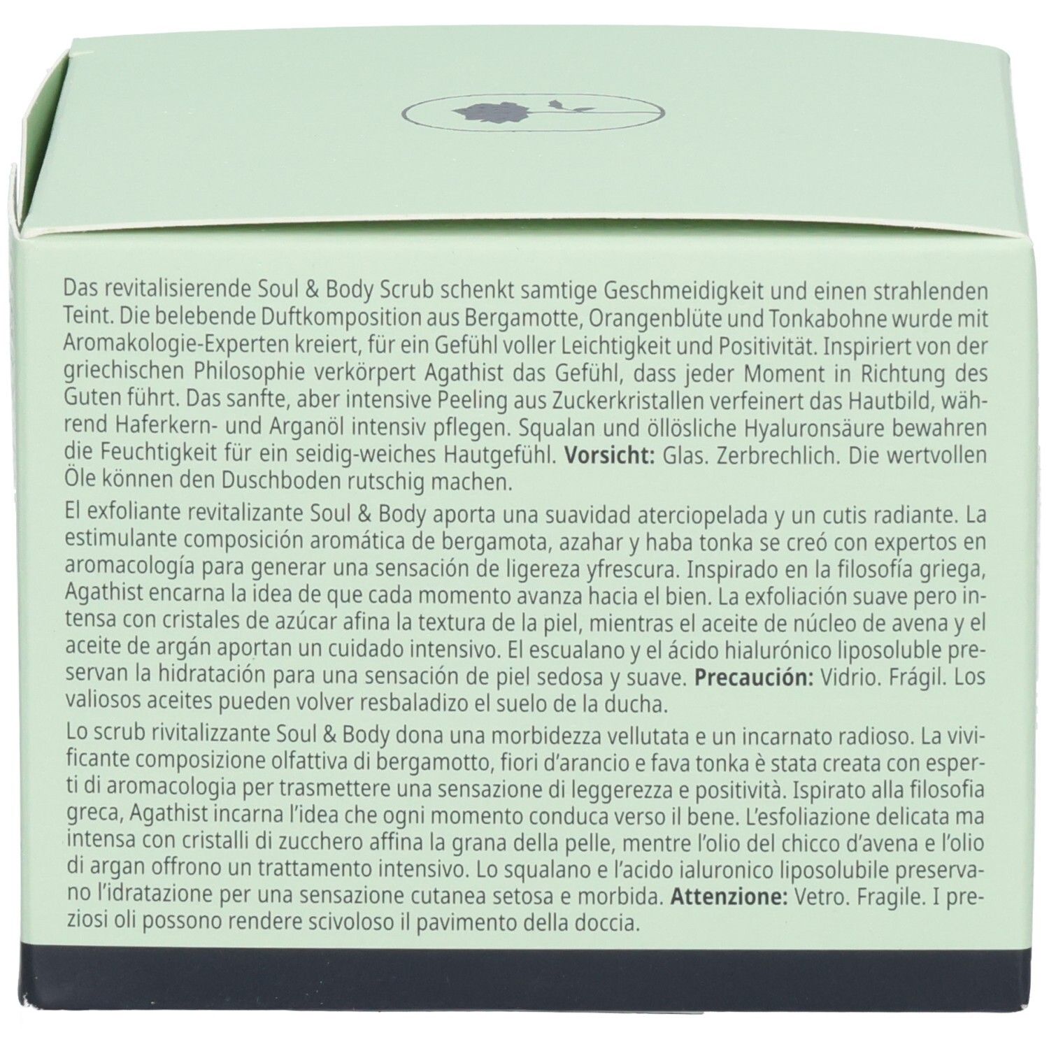 Achterkant van de BABOR Soul & Body Scrub Agathist verpakking met productomschrijving.