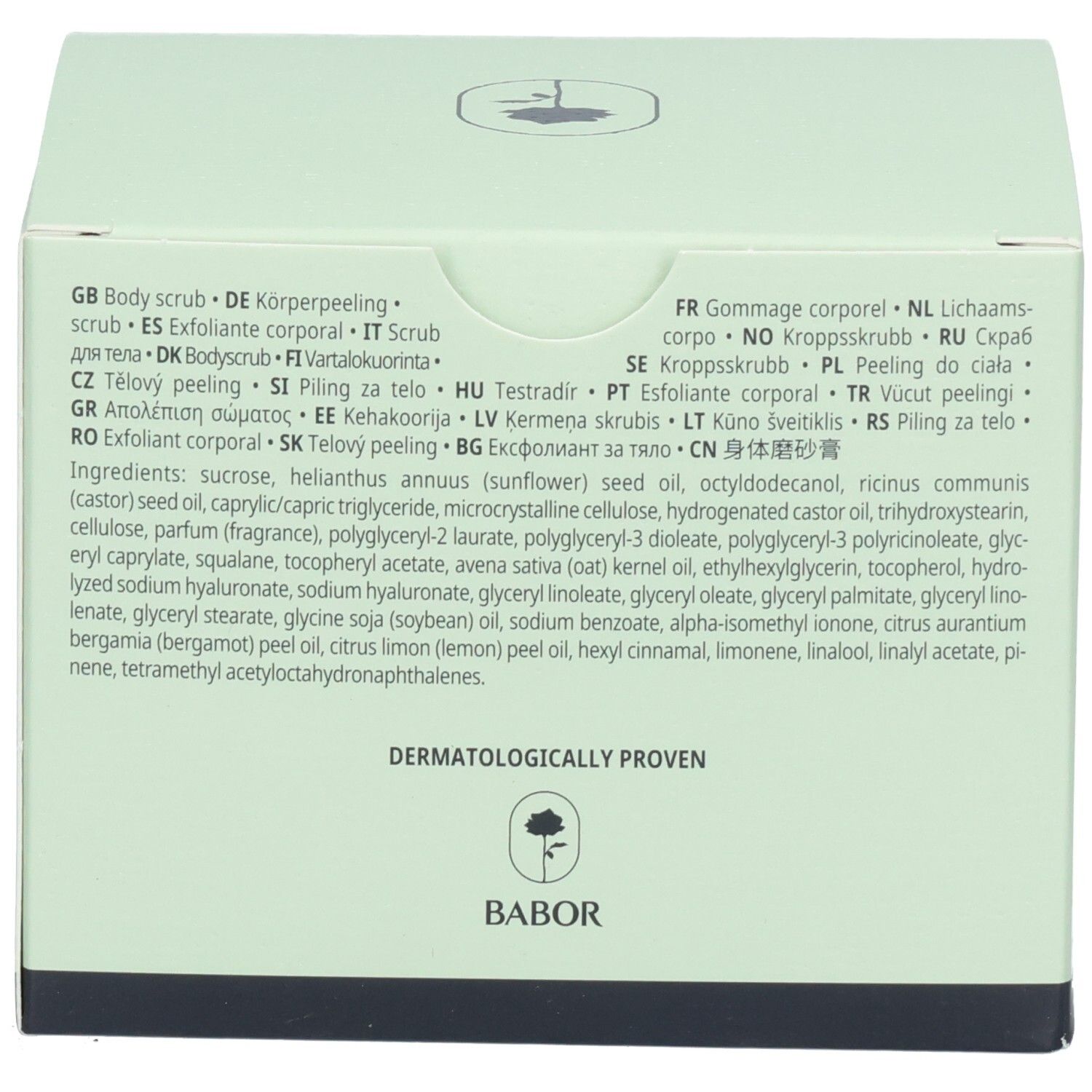 Achterkant van de BABOR Soul & Body Scrub Agathist verpakking met ingrediënten en talen.