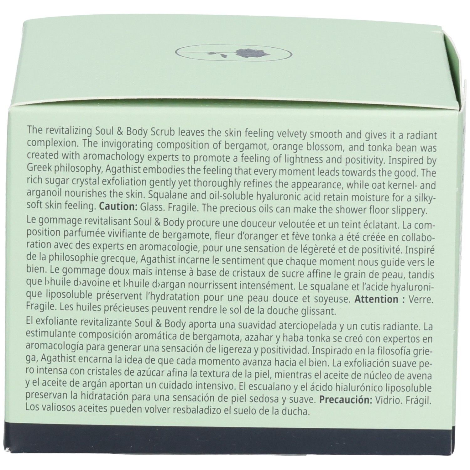 BABOR Soul & Body Scrub Agathist verpakking met productomschrijving in meerdere talen.