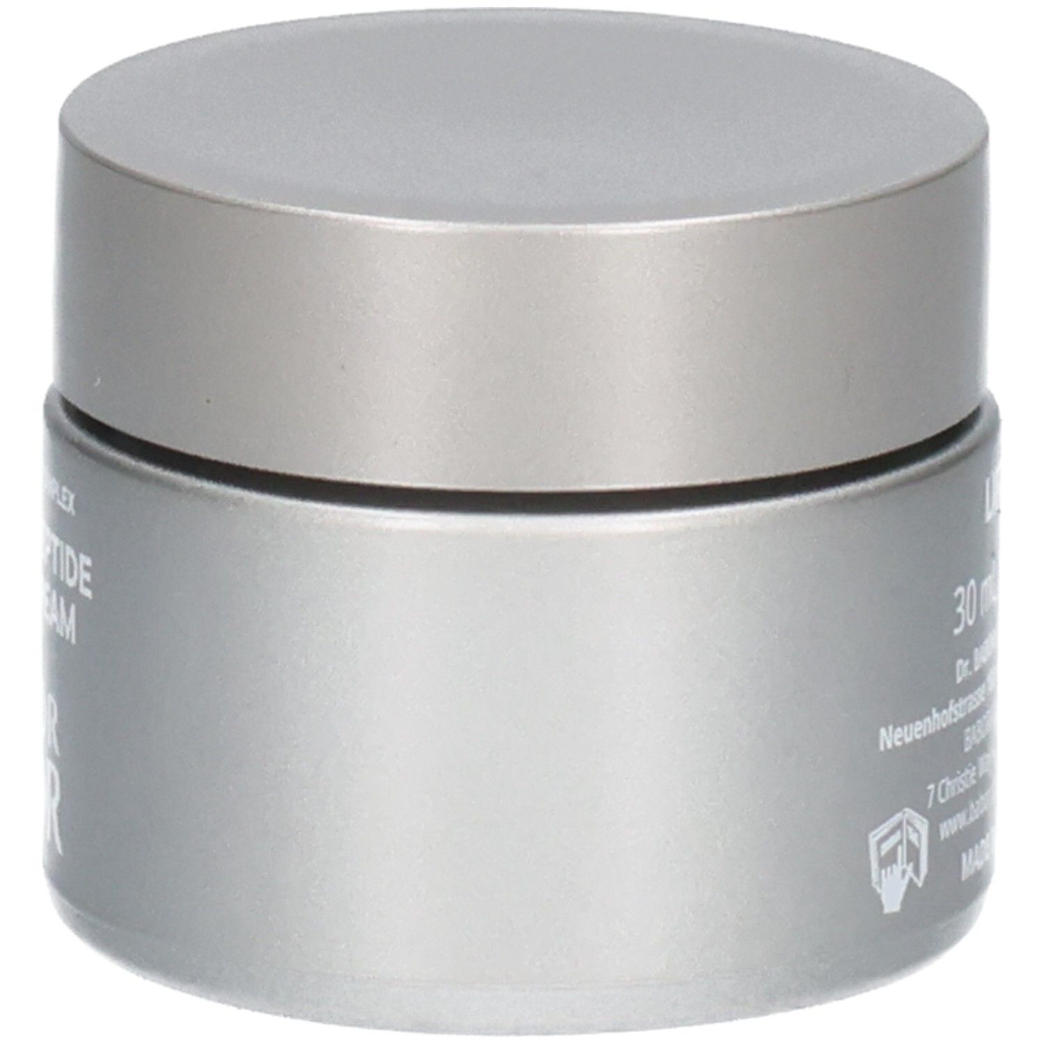 Vue latérale d'un pot argenté avec couvercle argenté, DOCTOR BABOR COLLAGEN-PEPTIDE BOOSTER CREAM.