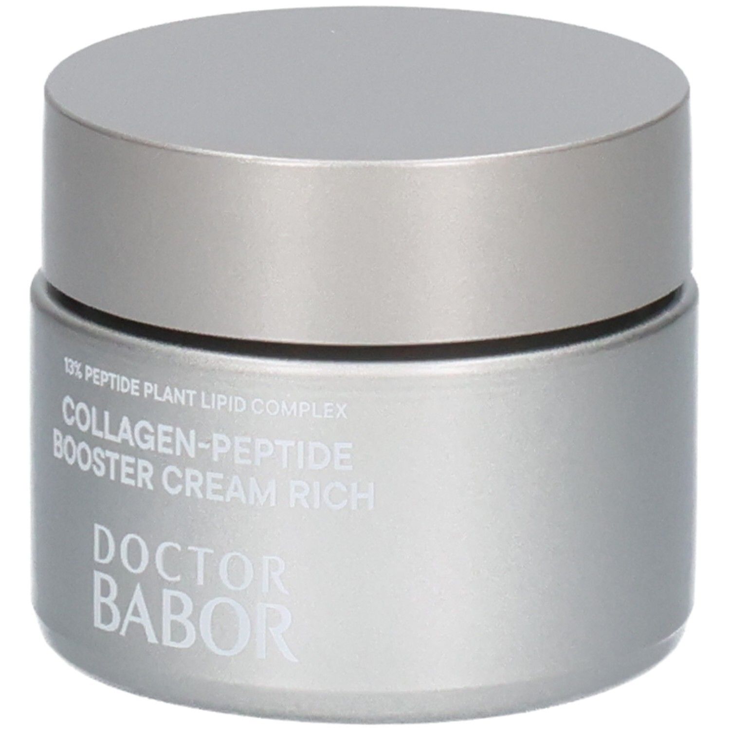 Pot argenté avec couvercle argenté. Contient "13% Peptide Plant Lipid Complex Collagen-Peptide Booster Cream Rich" et "DOCTOR BABOR".