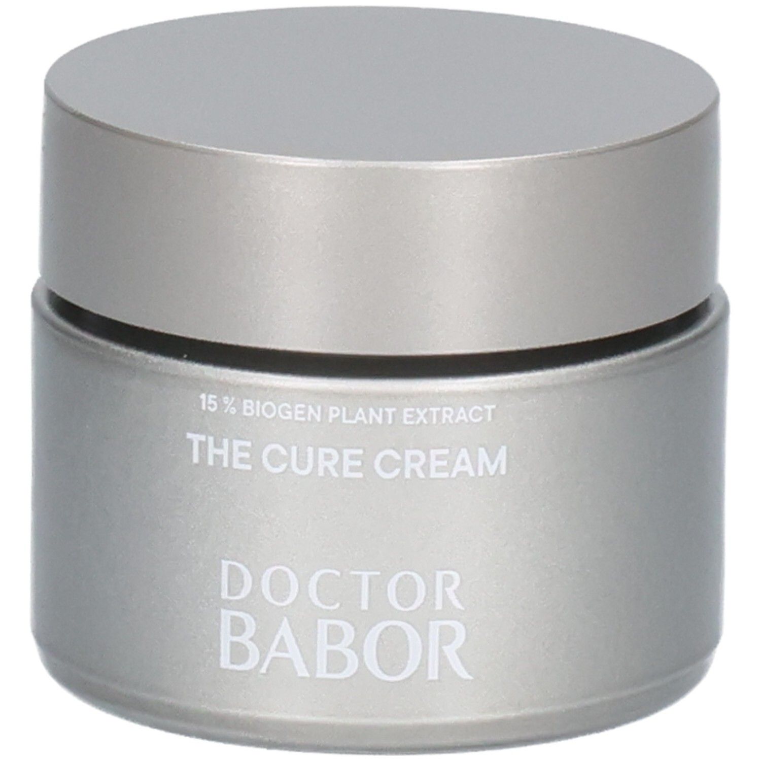 Doctor Babor The Cure Cream dans un pot argenté avec couvercle argenté. Contient 15% d'extrait de plante biogène.
