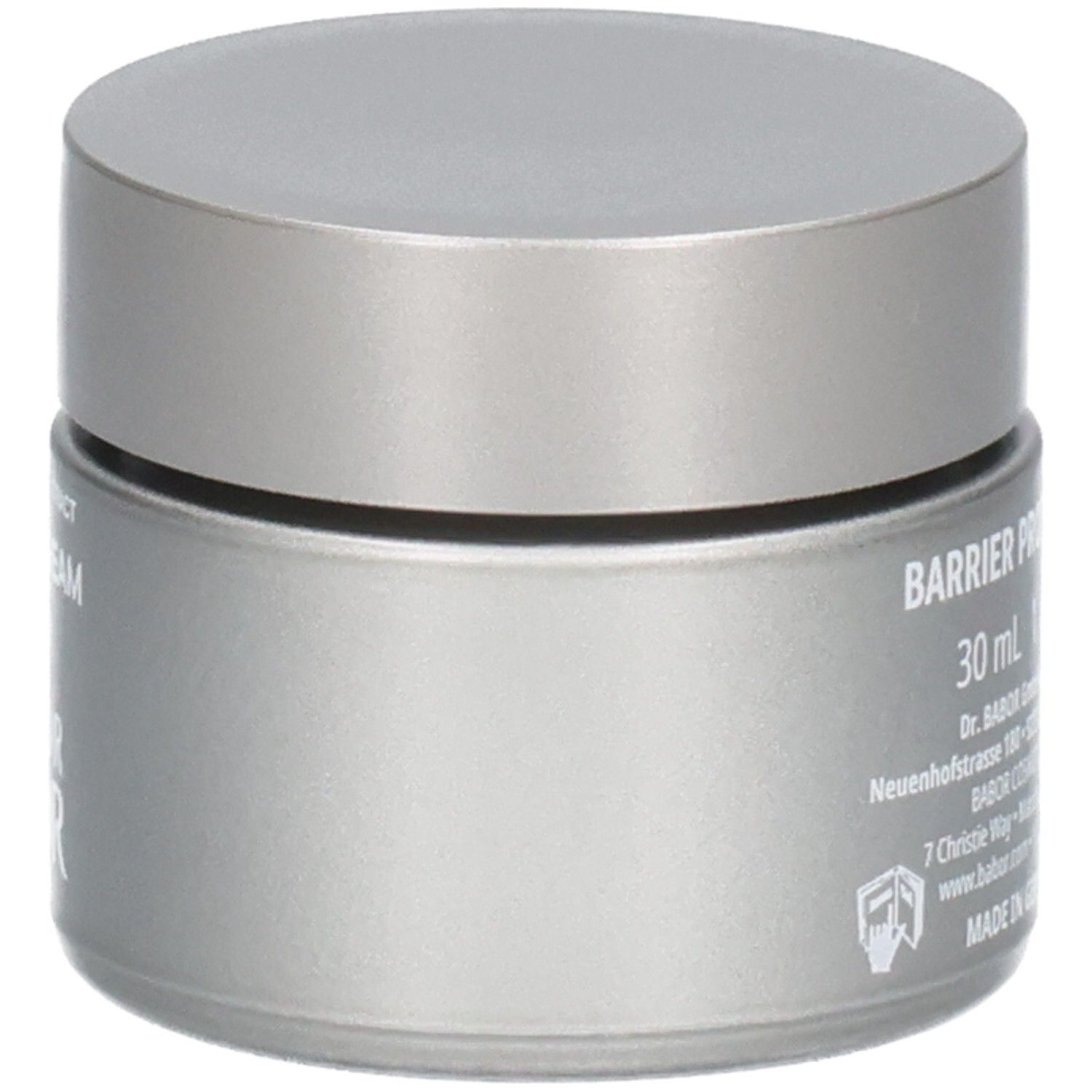 Vue latérale du pot Doctor Babor The Cure Cream avec l'inscription 'Barrier Protecting' et la quantité.