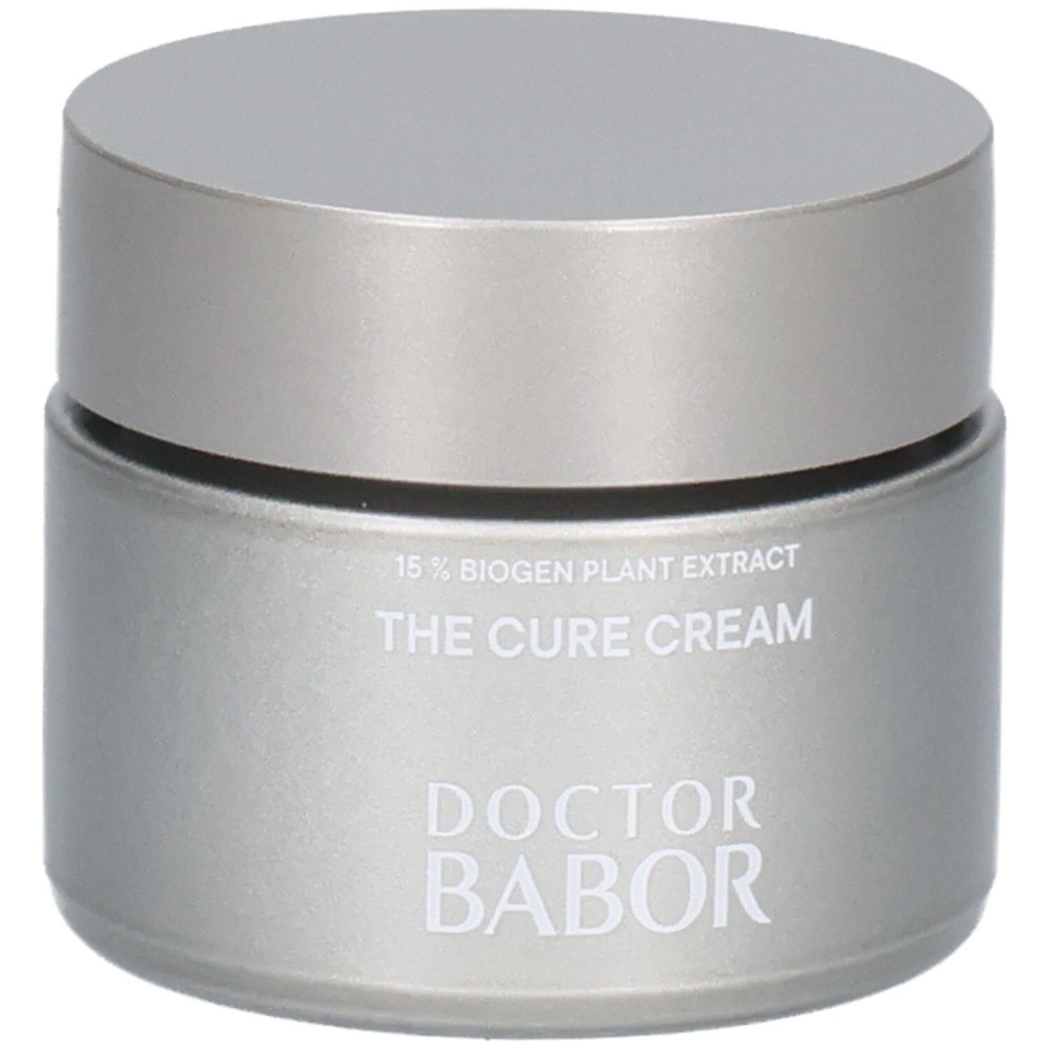 Doctor Babor The Cure Cream, pot argenté avec couvercle argenté. Nom du produit clairement lisible.
