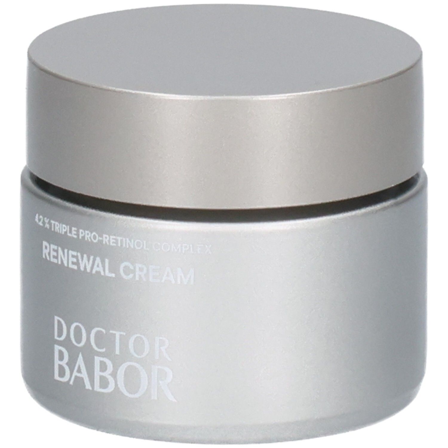 Doctor Babor Renewal Cream dans un pot argenté avec un couvercle argenté, vue de face.