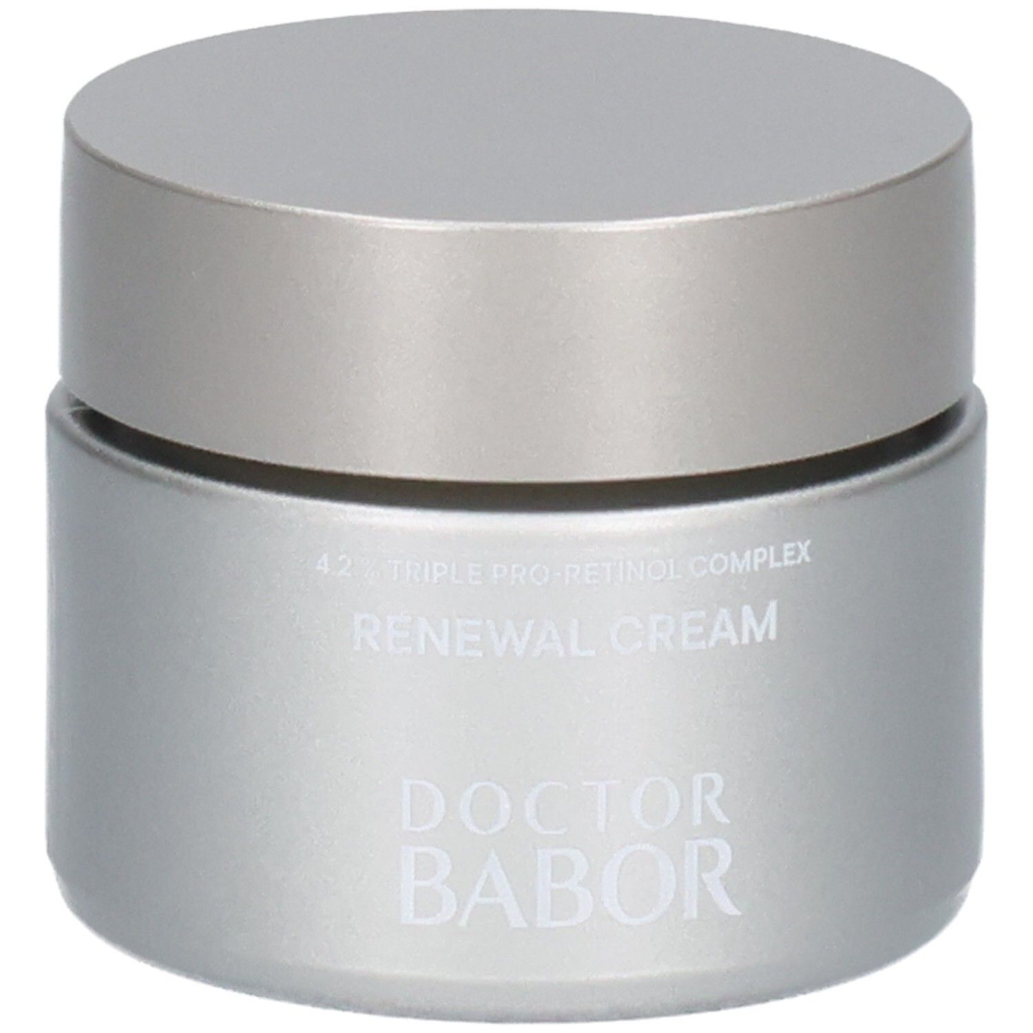 Doctor Babor Renewal Cream dans un pot argenté avec un couvercle argenté, vue légèrement de côté.