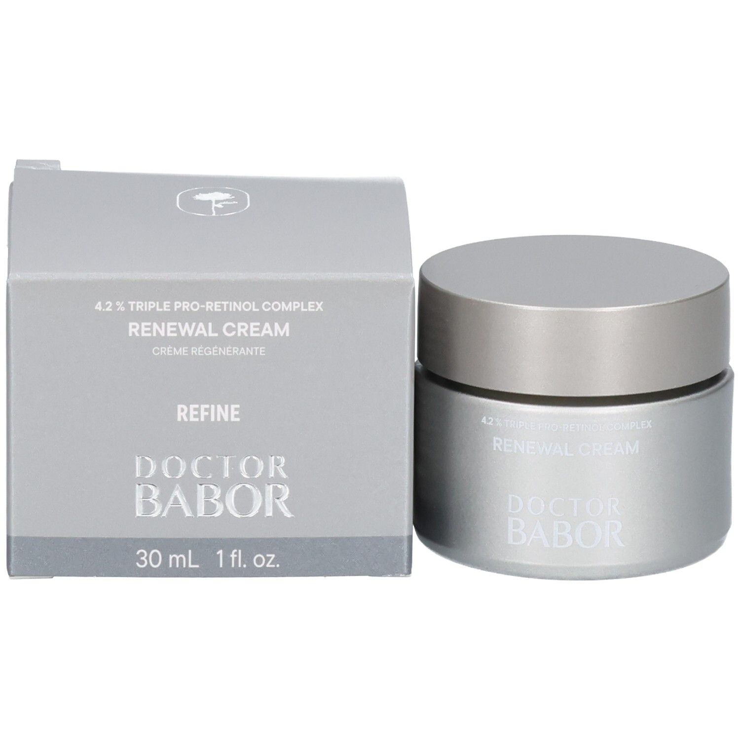 Pot Doctor Babor Renewal Cream à côté de sa boîte d'emballage argentée.