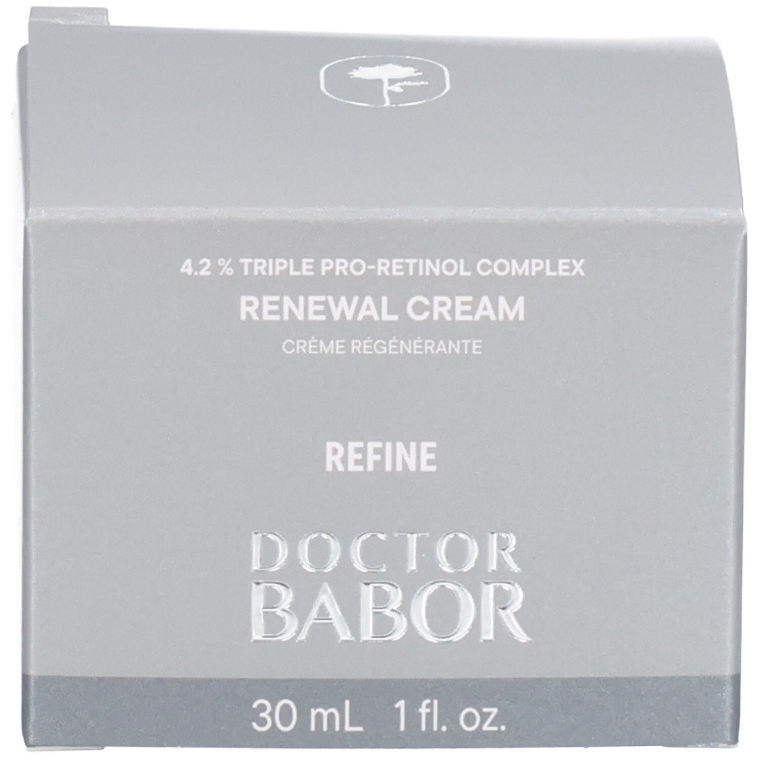 Boîte d'emballage pour Doctor Babor Renewal Cream, couleur argent.