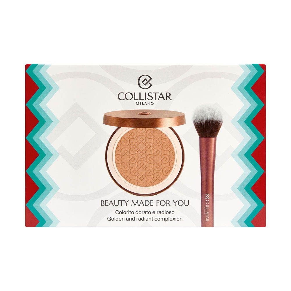 Productset met poeder en kwast. Goudkleurig poeder in ronde doos. Bruine kwast. Tekst: Beauty Made for You.