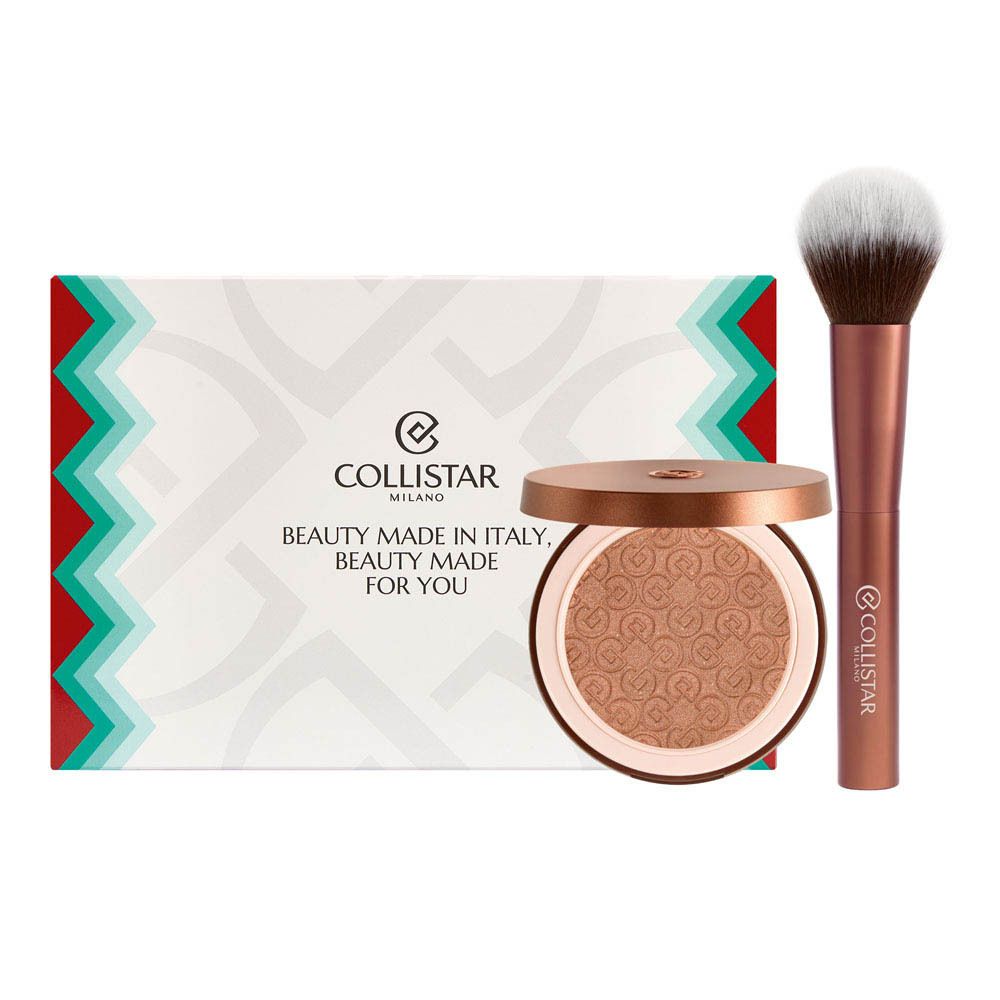 Collistar-cadeauset met poeder, kwast en verpakking. Poeder in gouden doosje, kwast met bruine steel. Tekst: Beauty Made for You.