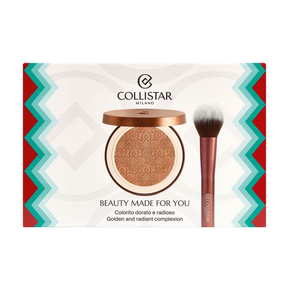 Coffret Collistar avec poudre, pinceau et emballage. Poudre en boîtier doré, pinceau à manche marron. Texte : Beauty Made for You.