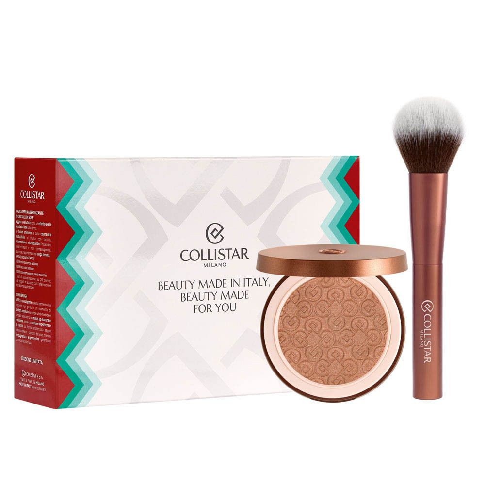 Coffret Collistar avec poudre, pinceau et emballage. Poudre en boîtier doré, pinceau à manche marron. Texte : Beauty Made for You.