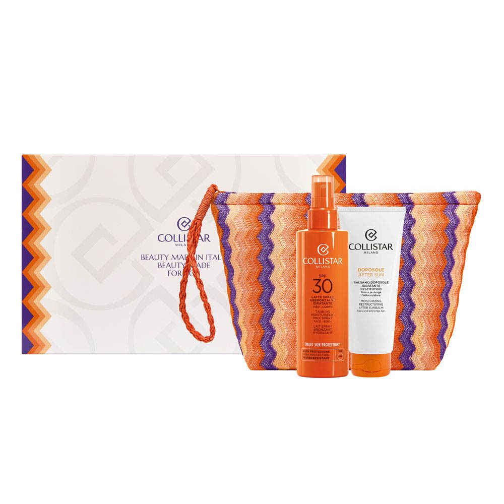 Geschenkset met tas, zonnebrandspray SPF30 en aftersunbalsem. Verpakking met merklogo en tekst.