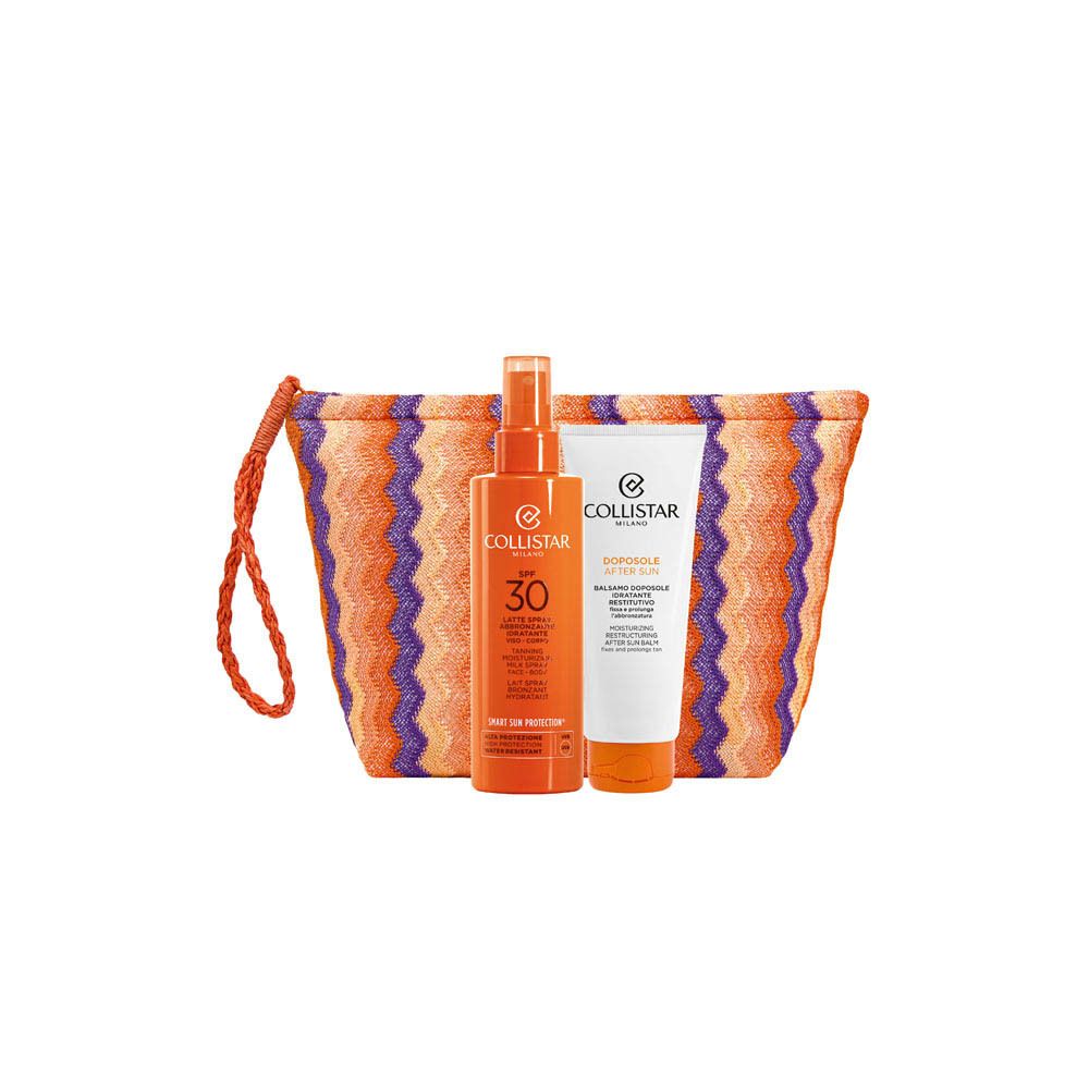 Geschenkset met tas, zonnebrandspray SPF30 en aftersunbalsem. Verpakking met merklogo en tekst.