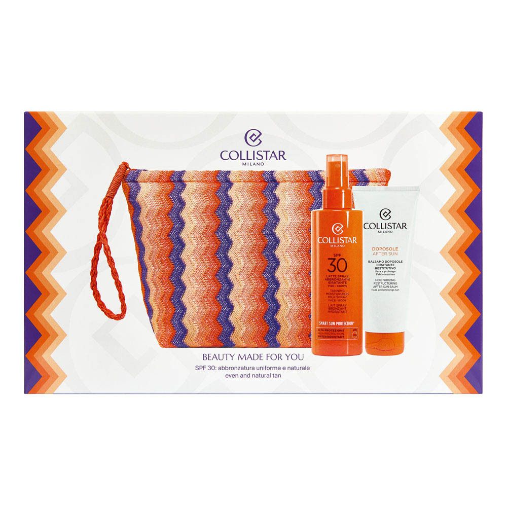 Geschenkset met tas, zonnebrandspray SPF30 en aftersunbalsem. Verpakking met merklogo en tekst.
